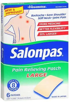 Emerson Healthcare - Salonpas - From: 46581011020 To: 46581021006 -  Topical Pain Relief  3.1% 6% 10% Strength Camphor / Menthol / Methyl Salicylate Patch 6 per Box