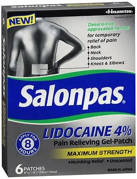 Emerson Healthcare - Salonpas - From: 46581011060 To: 46581083006 -  Topical Pain Relief  4% Strength Lidocaine Patch 6 per Box