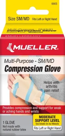 Mueller Sports Medicine - Mueller Compression & Support Gloves - 6905 - Compression Gloves Mueller Compression & Support Gloves Fingerless Small / Medium Over-the-Wrist Length Ambidextrous Stretch Fabric