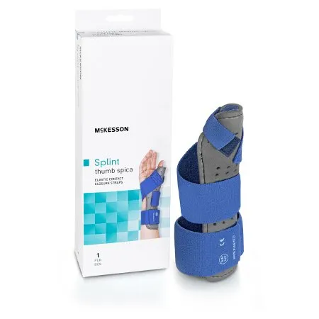 McKesson - From: 155-79-87113 To: 155-79-87118 - Thumb Splint Adult Large / X Large Hook and Loop Strap Closure Left Hand Blue / Gray