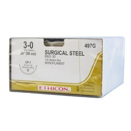 J & J Healthcare Systems - 497g - Nonabsorbable Suture With Needle Stainless Steel Cp-1 1/2 Circle Reverse Cutting Needle Size 3 - 0
