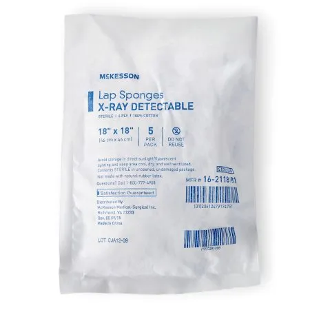 McKesson - 16-2118181 - Surgical Laparotomy Sponge X Ray Detectable Cotton 18 X 18 Inch 5 Count Soft Pack Sterile