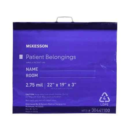McKesson - 30441100 - Patient Belongings Bag 3 X 19 X 22 Inch Polyethylene Snap Closure Blue