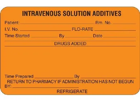Shamrock Scientific - SMA-2126 - Pre-printed Label Shamrock Anesthesia Label Orange Intravenous Solution Additives / Patient __ Room __ / Iv No. __ Flo-rate __ / Time Started __ By __ Date __ / Drugs Added / Time Prepared __ By __ / Return To Pharmacy If 