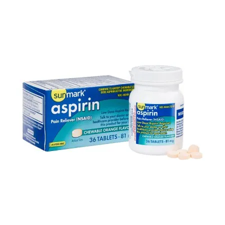 McKesson - sunmark - 49348075707 - Pain Relief sunmark 81 mg Strength Aspirin Chewable Tablet 36 per Box