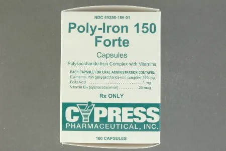 Cypress - Poly-Iron 150 Forte - 60258018601 - Poly-Iron 150 Forte Iron Preparation Iron Polyssacharide Complex / Vitamin B12 / Folic Acid / Iron 25 mcg -1 mg - 150 mg Capsule Blister Pack 100 Capsules