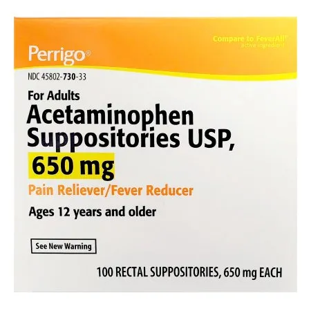 Perrigo - From: 45802073032 To: 45802073230 - Pain Relief 650 mg Strength Acetaminophen Rectal Suppository 100 per Box