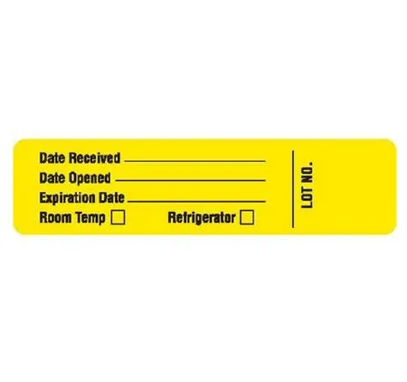 Market Lab - 08034 - Pre-Printed / Write On Label Advisory Label Yellow Paper Date Rec'd __________ / Date Opened __________ / Expiration Date _________ / Room Temp  Refrigerator  LOT NO. Black Quality Control Label 0.87 X 3-1/2 Inch