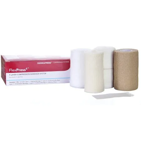 DermaRite Industries - FlexPress4 - 79000 - 4 Layer Compression Bandage System FlexPress4 Multiple Sizes Self-Adherent / Tape Closure Tan / White NonSterile Standard Compression