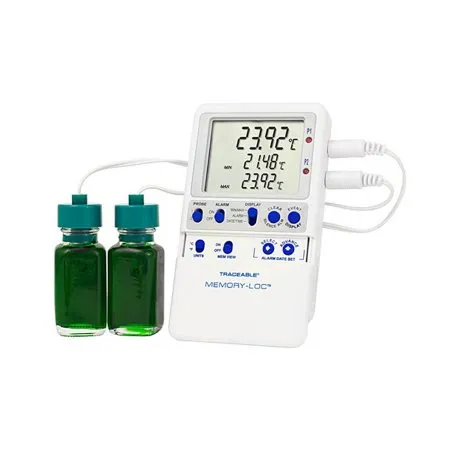 Cole-Parmer Inst. - Traceable Memory-Loc - 94460-39 - Datalogging Refrigerator / Freezer Thermometer with Alarm Traceable Memory-Loc Fahrenheit / Celsius -58° to +158°F (-50° to +70°C) 2 Glycol Bottle Probes Multiple Mounting Options Battery Operated