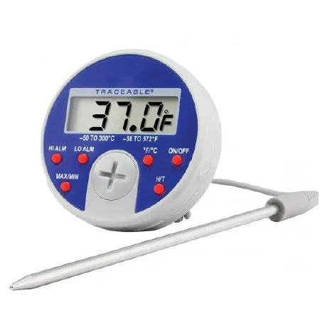 Cole Parmer Instrument - 98767-38 - Cole Parmer Inst. Traceable Full Scale Plus Digital Thermometer with Alarm Traceable Full Scale Plus Celsius  58° to +572°F ( 50° to +300°C) Stainless Steel Probe Multiple Mounting Options Battery Operated