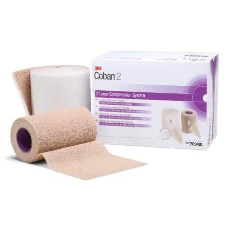 3M - 2094XL - Coban 2 2 Layer Compression Bandage System Coban 2 4 Inch X 3 4/5 Yard / 4 Inch X 6 3/10 Yard Self Adherent / Pull On Closure Tan / White NonSterile 35 to 40 mmHg