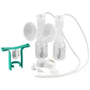 Ameda - 17152 - One hand breast pump with dual hygienic collection system contains: 1 tubing adapter, 2 adapter caps, 2 silicone tubing, 2 diaphragms, 2 breast flanges, 4 white valves and 2  4oz bottle