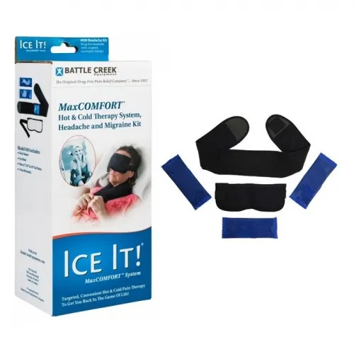 Battle Creek Equipment - Ice It! - 610 - Headache & Migraine Kit. Includes: One insulated wrap; One microwaveable eye wrap; three gel packs.