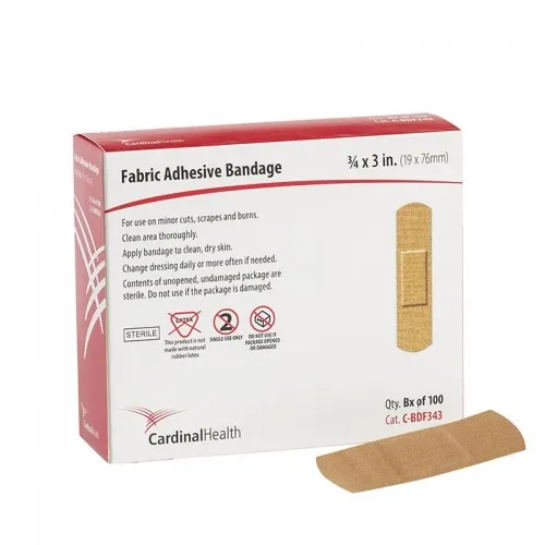 Cardinal Health - Med - C-BDF343 - Fabri-Flex Adhesive Bandage, 3/4" x 3" . Flexible fabric is stretchable material ideally suited for areas where flexibility is important. Features a nonstick pad for comfort and absorption. Sterile.