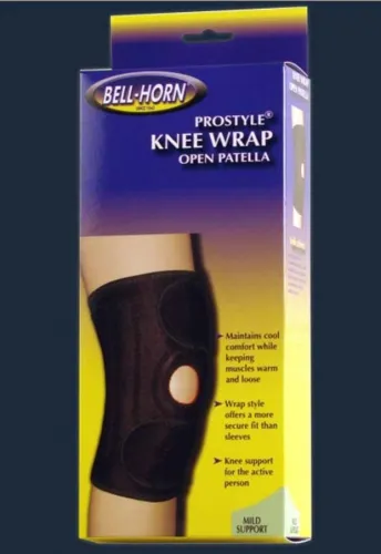 DJO DJOrthopedics - 162 - Djo Bell Horn ProStyle Open Patella Knee Wrap, Universal Up to 21'', Black, For Arthritis, Contusions, Sprains, Strains