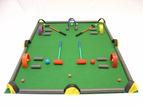 Everrich - EVC-0147 - Golf / Croquet / Billiards Game Set Include: 2 Putters  2 Foam Head Croket 6 Foam Balls 2 Hollow Balls 6 Target Goals 5 Obstacles Loops w/ Balls 11 Obstacles w/ hook - and - loop 1 Storage Bag