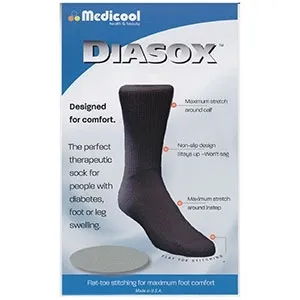 Medicool - Diasox - From: DISB-MEDIUM To: DISB-XLARGE -   seam free sock, medium, black, 88% breathable cool cotton yarn, 10% high bulk acrylic and 2% spandex.