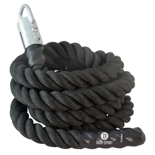 Nantong Modern Sporting - TR15F15 - Body Sport Training Rope, 15' Long, 1.5" Diameter, Black Polypropylene Rope With Black Handle, D-ring Attached
