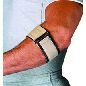 Scott Specialties Cmo - 1963    BEI UN - Tennis elbow wrap with loop lock closure, 3" wide, universal, 7"-15" forearm circumference, beige. Brown padded leatherette vinyl lined with nylon tricot.